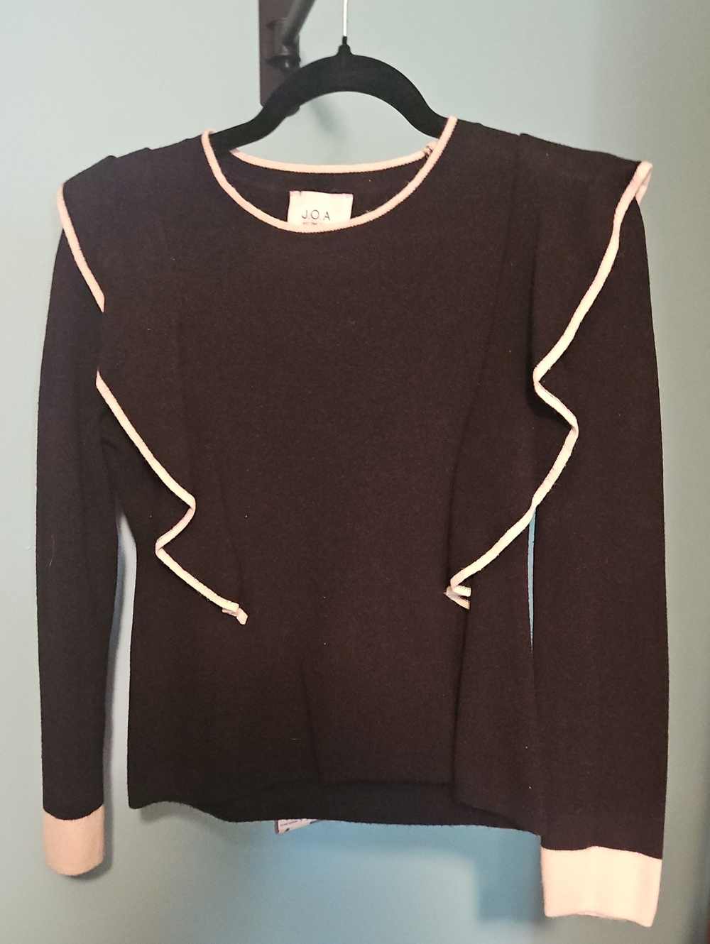 J.O.A. Black Sweater with Cream Trim Ruffle Accents
